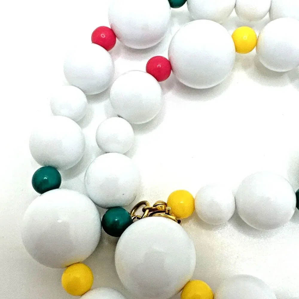 Vintage 1980s White Gumball Bead Necklace Multicolor Accents Statement Retro 20
